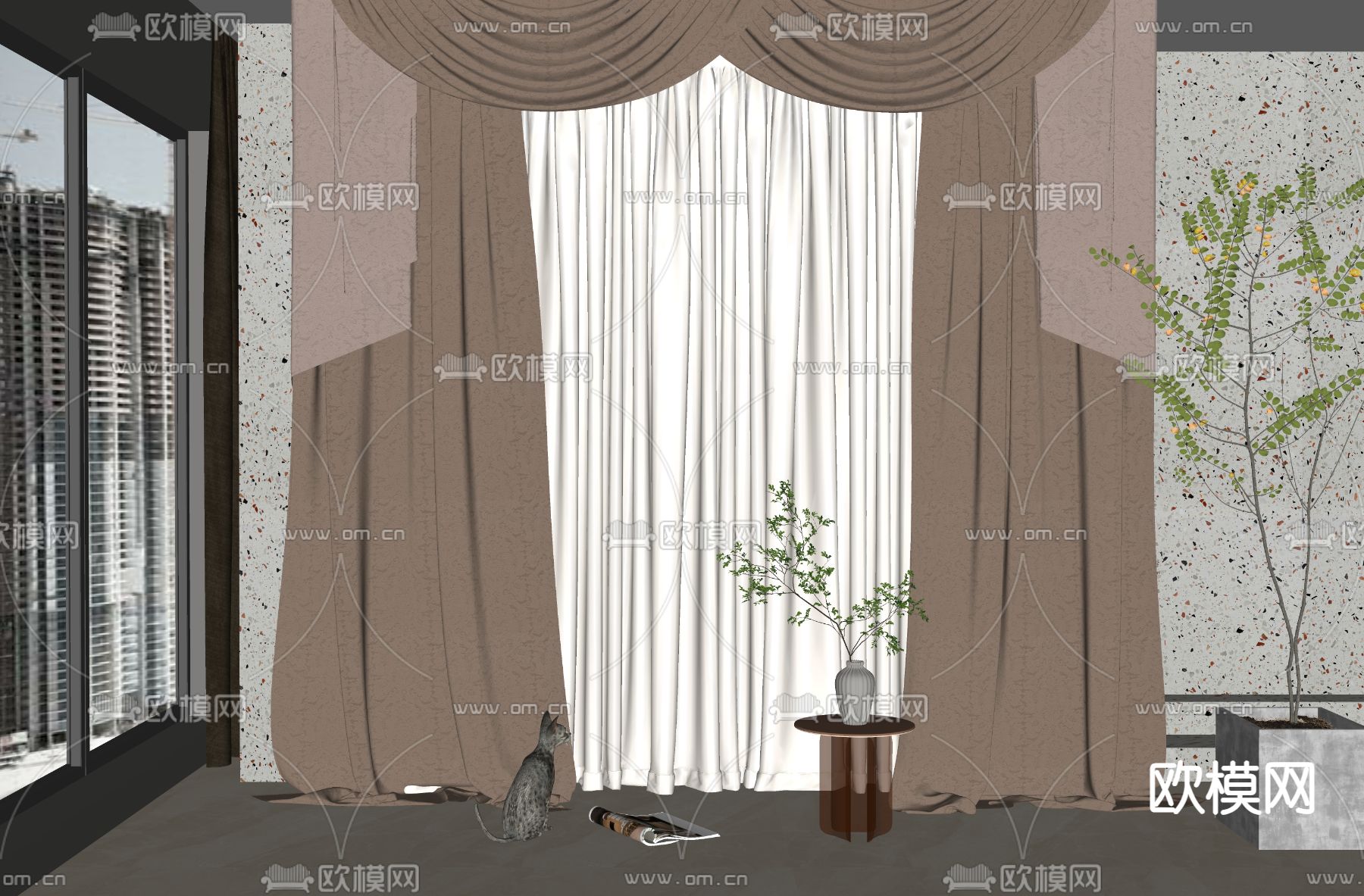 简欧窗帘su模型下载（渲染图2）