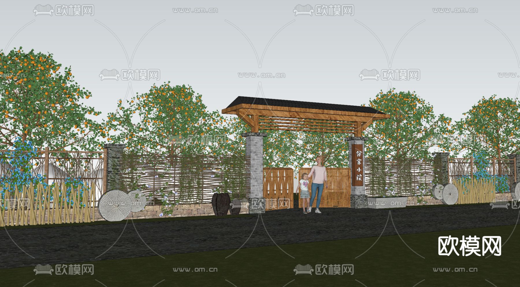 新中式乡村景墙 院墙su模型下载（渲染图3）