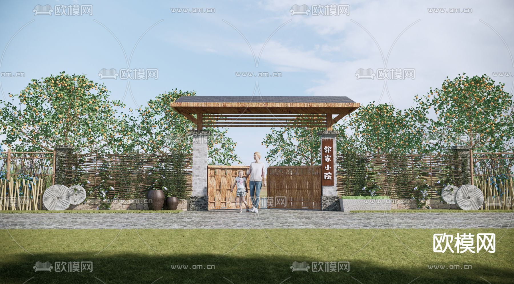 新中式乡村景墙 院墙su模型下载（渲染图2）