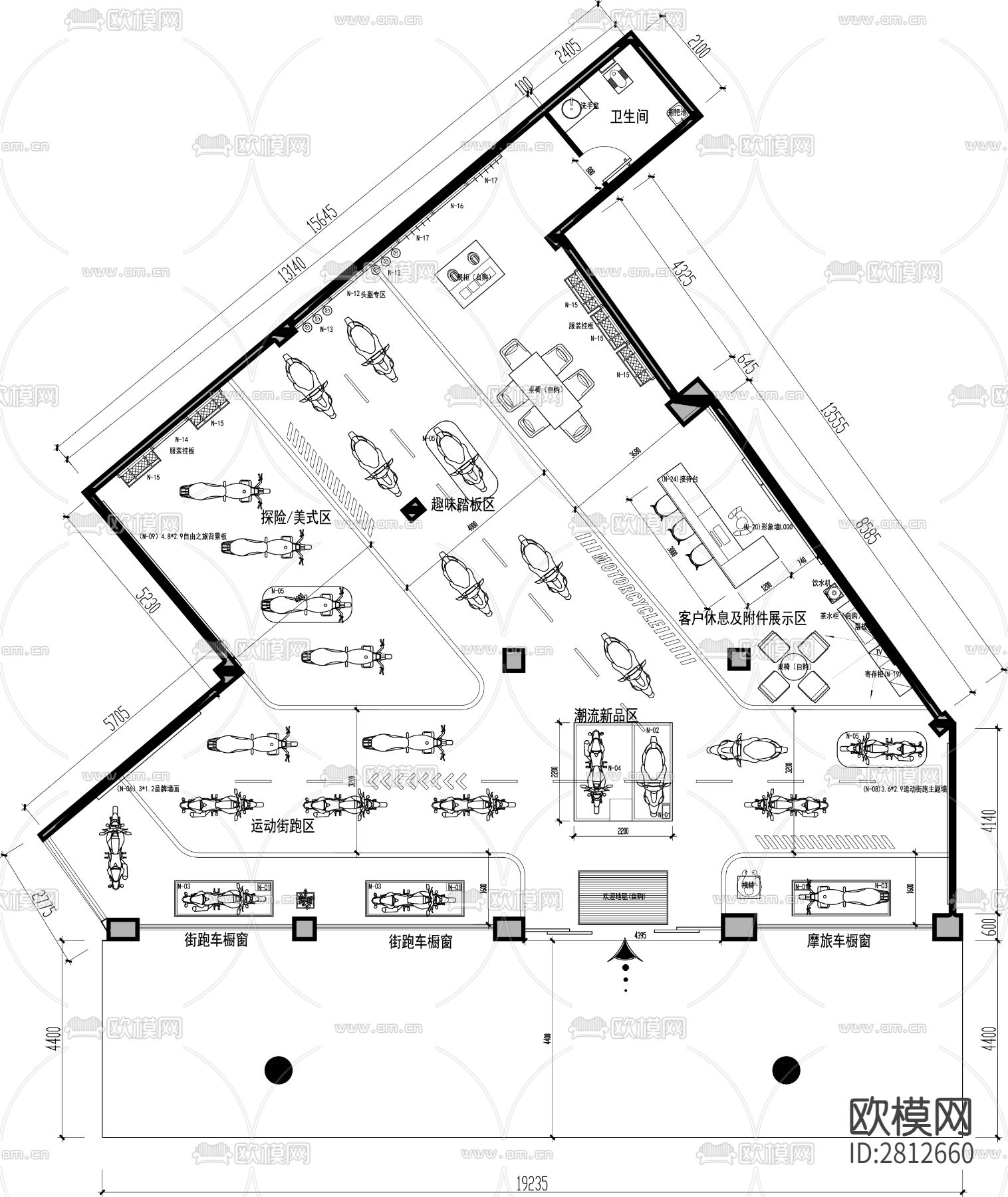 摩托车展厅cad平面布置图下载（渲染图2）