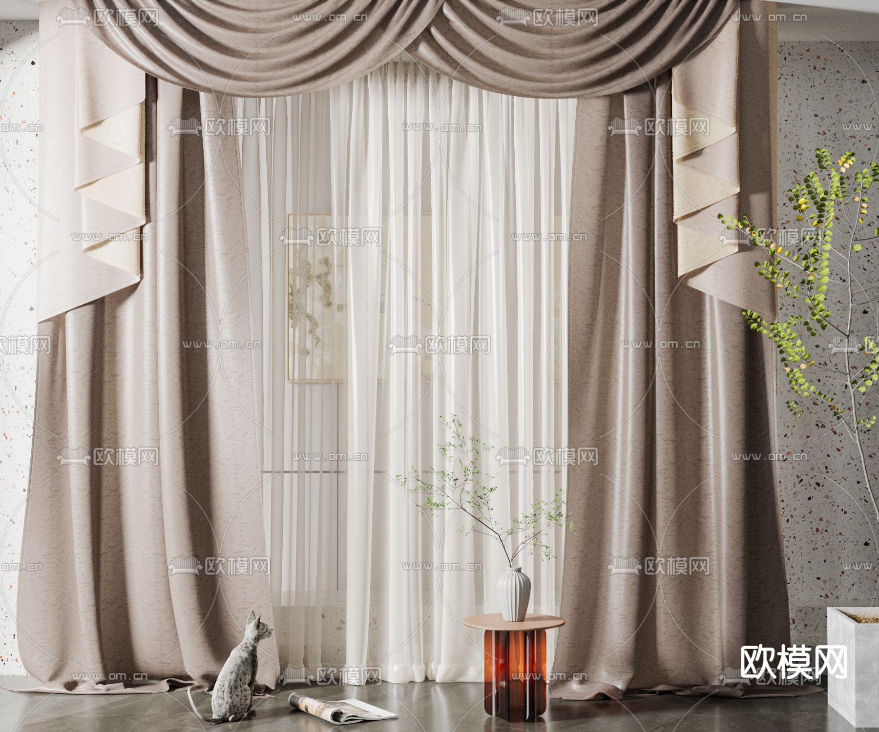 简欧窗帘su模型下载（渲染图1）