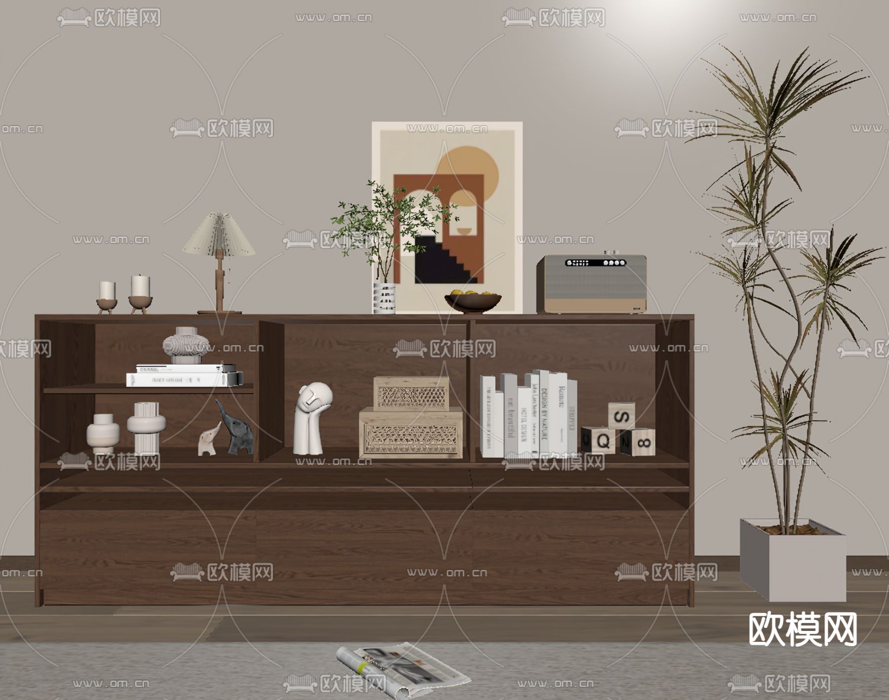 现代落地书柜su模型下载（渲染图2）
