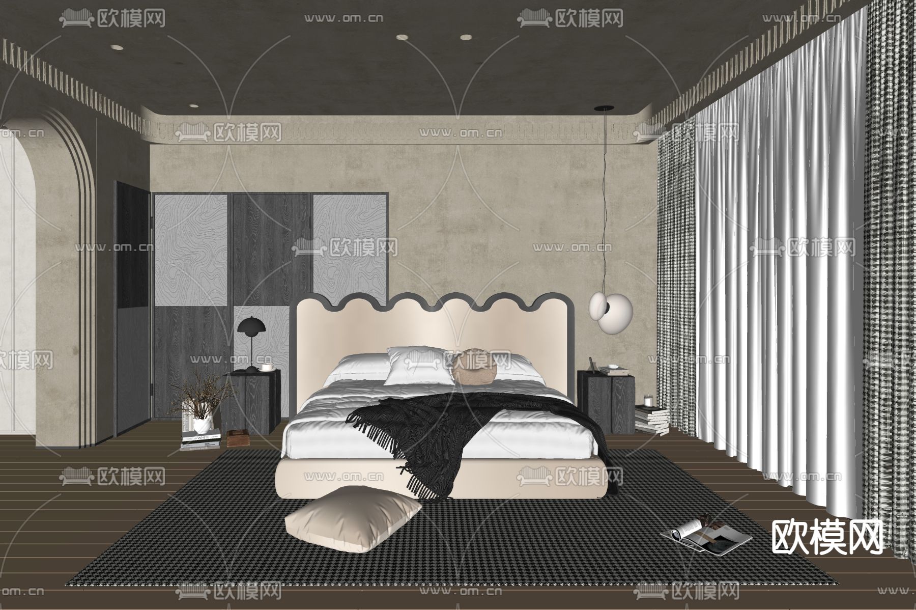 奶油风卧室 主人房su模型下载（渲染图2）