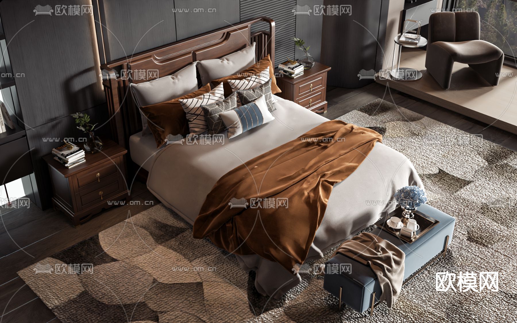 新中式双人床3d模型下载