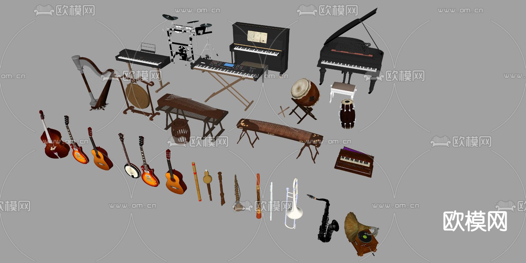 萨克斯 古琴 钢琴su模型下载（渲染图2）