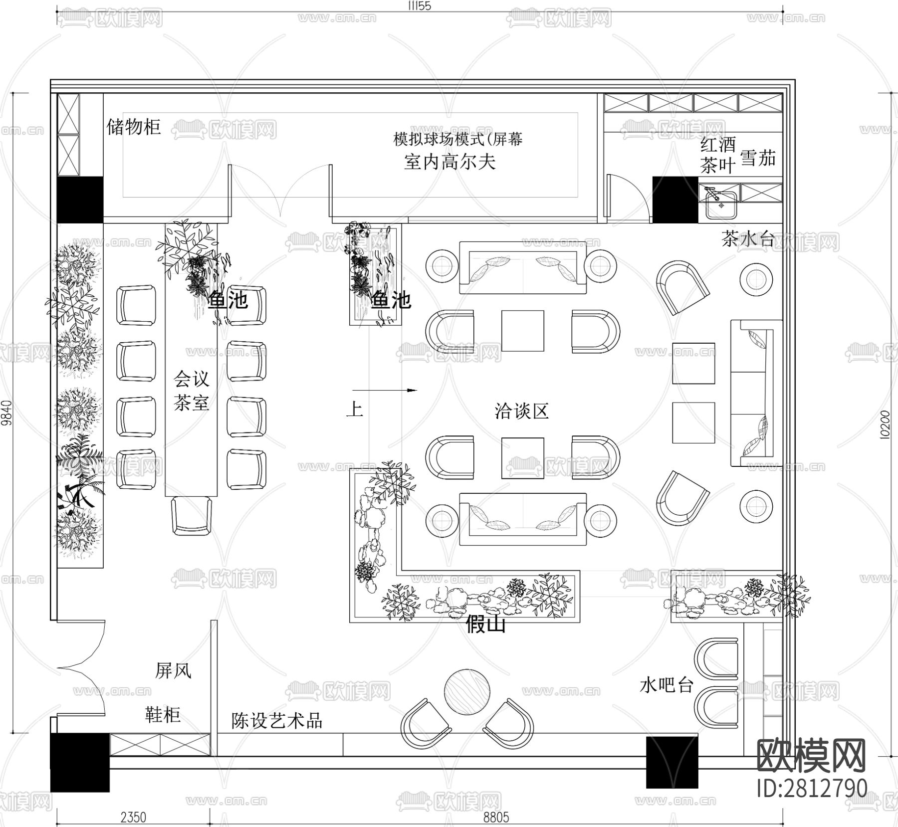 娱乐会所cad平面布置图下载（渲染图2）