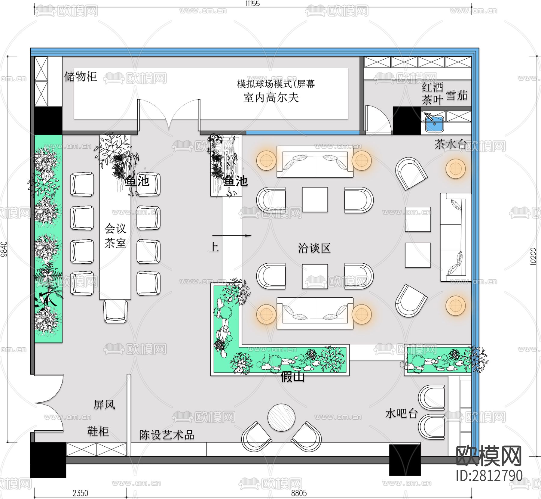 娱乐会所cad平面布置图下载（渲染图1）