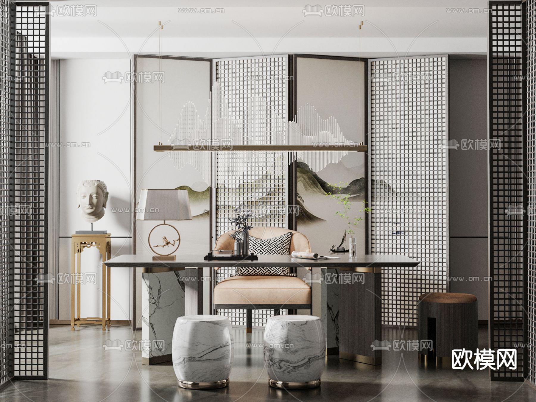 新中式书房su模型下载（渲染图1）