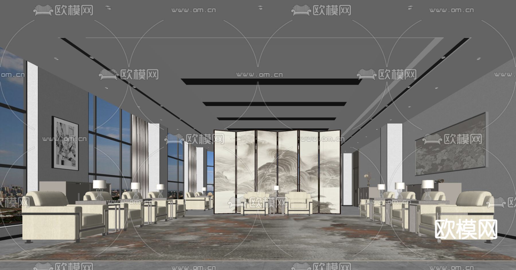 新中式会客厅 洽谈室su模型下载（渲染图2）