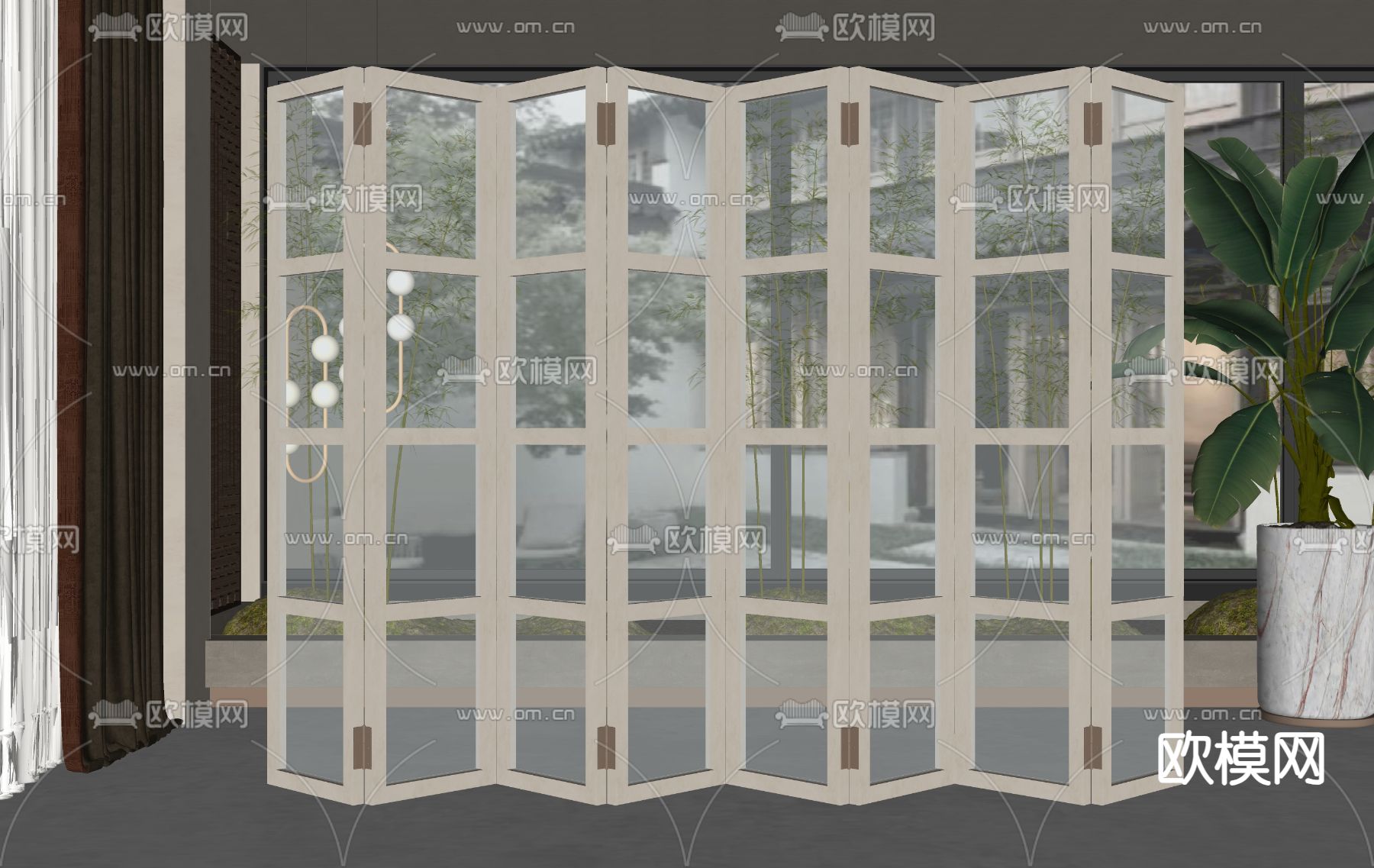 侘寂风玻璃折叠门su模型下载（渲染图2）