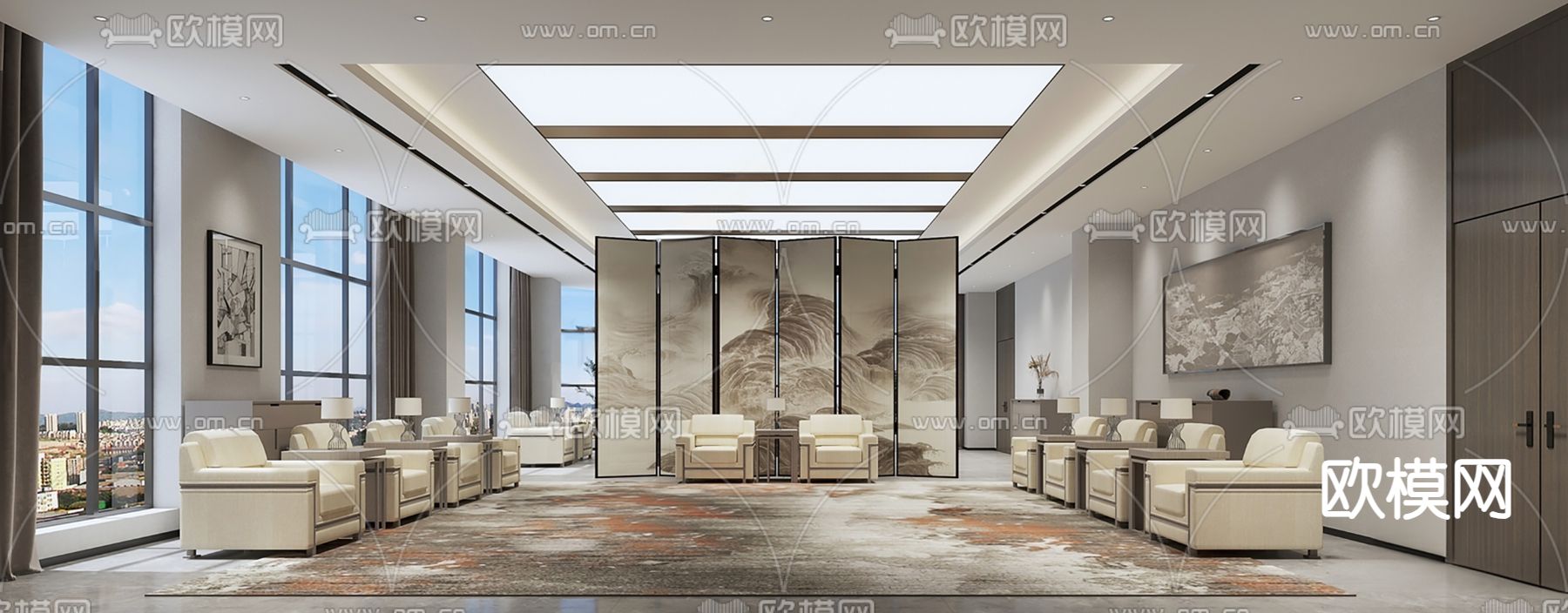 新中式会客厅 洽谈室su模型下载（渲染图1）