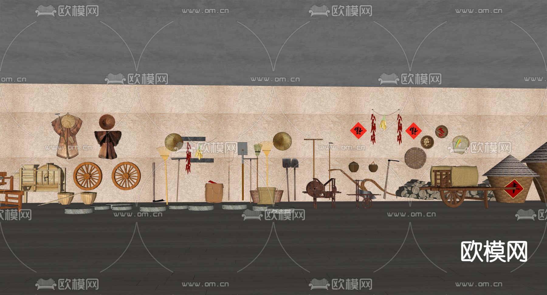 中式农具小品 农耕文化小品su模型
