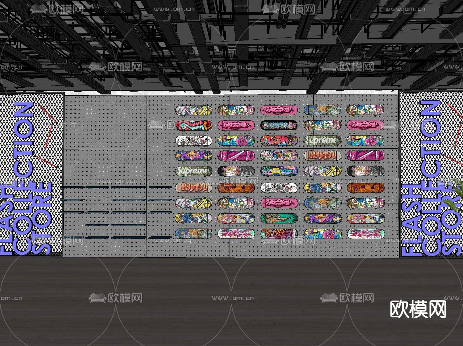 滑板展架 滑板展示墙su模型