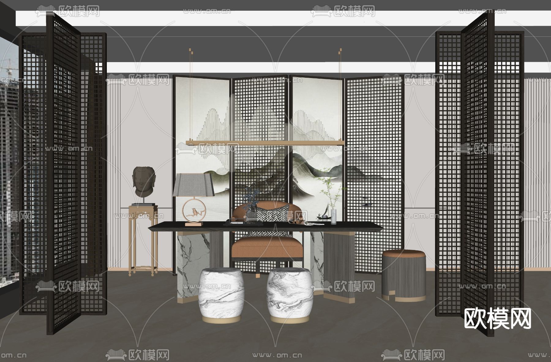 新中式书房su模型下载（渲染图2）