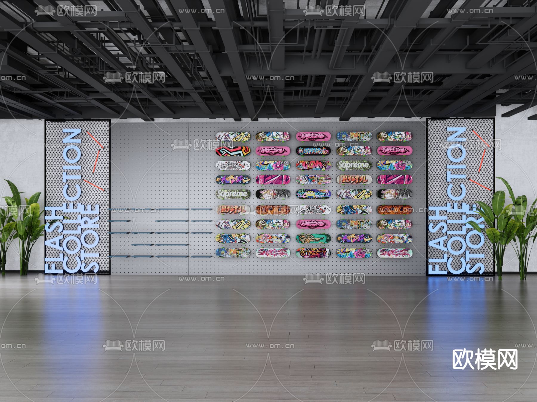 滑板展架 滑板展示墙su模型