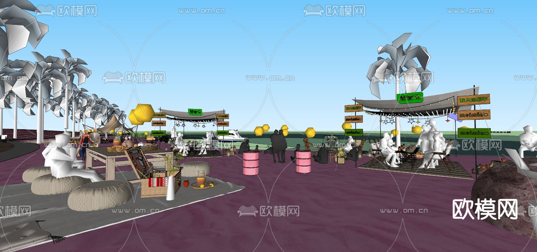 沙滩露营基地 红色沙滩su模型