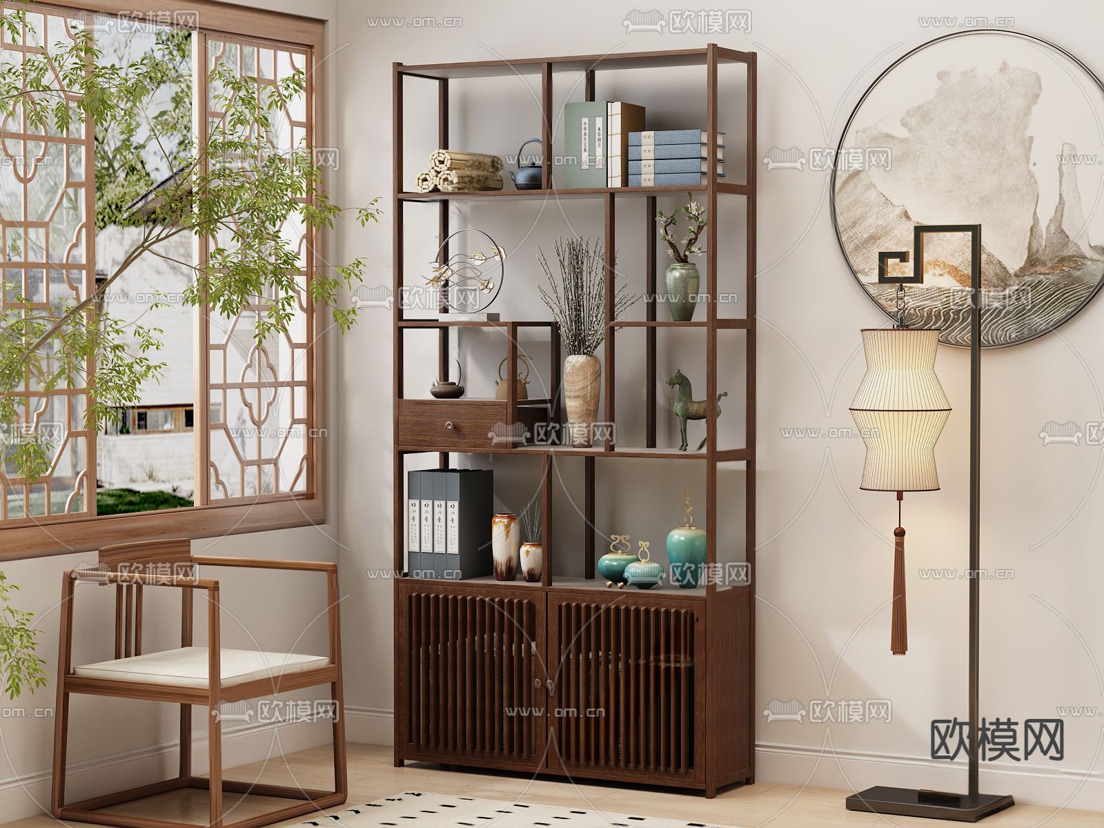 中式博古架su模型下载（渲染图1）