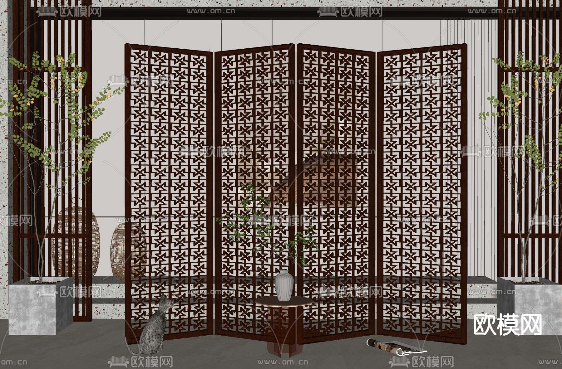 新中式屏风隔断su模型下载（渲染图2）
