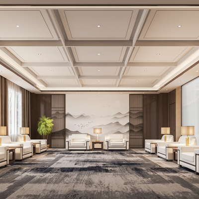  新中式接待室 会客厅su模型 