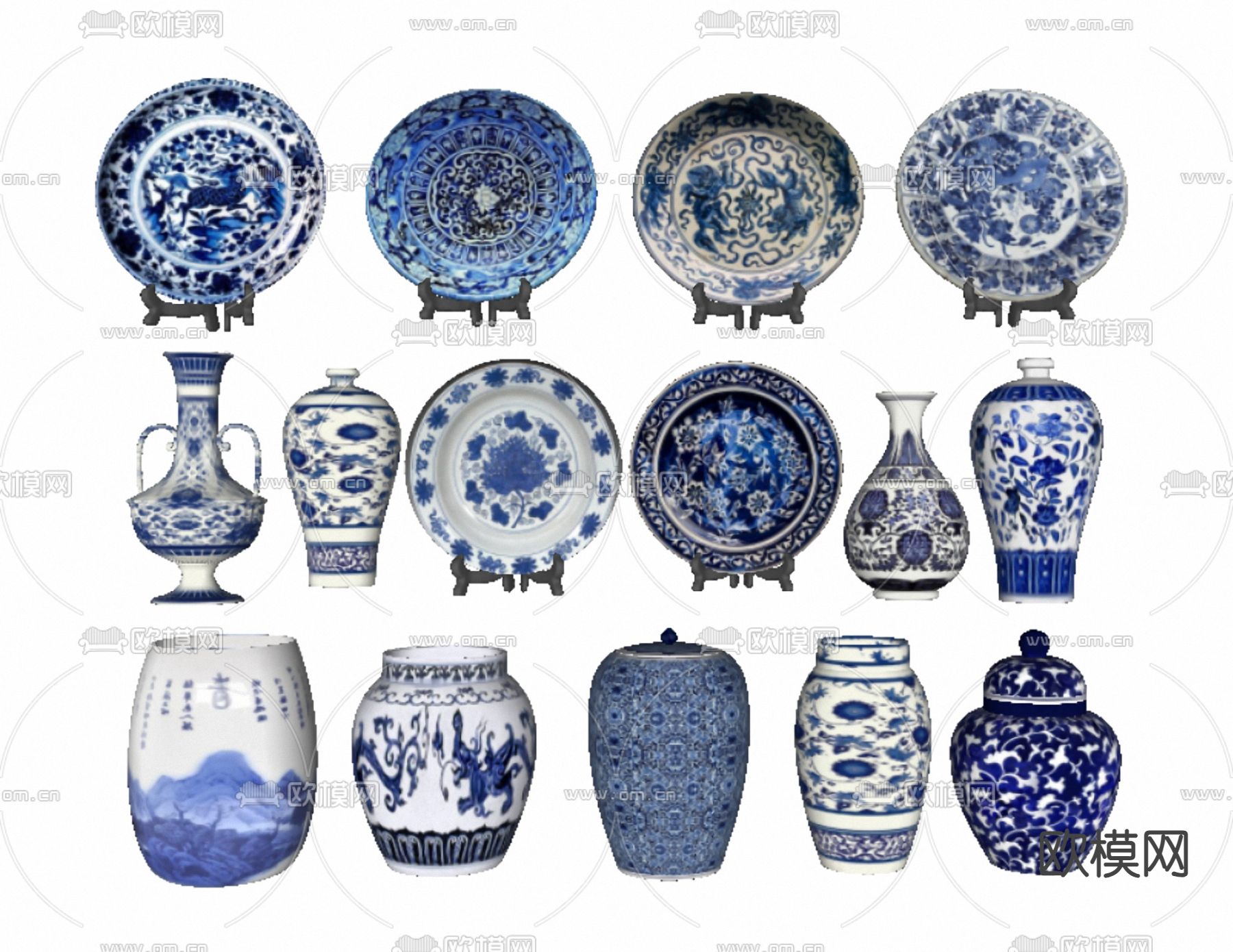 新中式青花瓷 陶瓷器皿su模型下载（渲染图2）