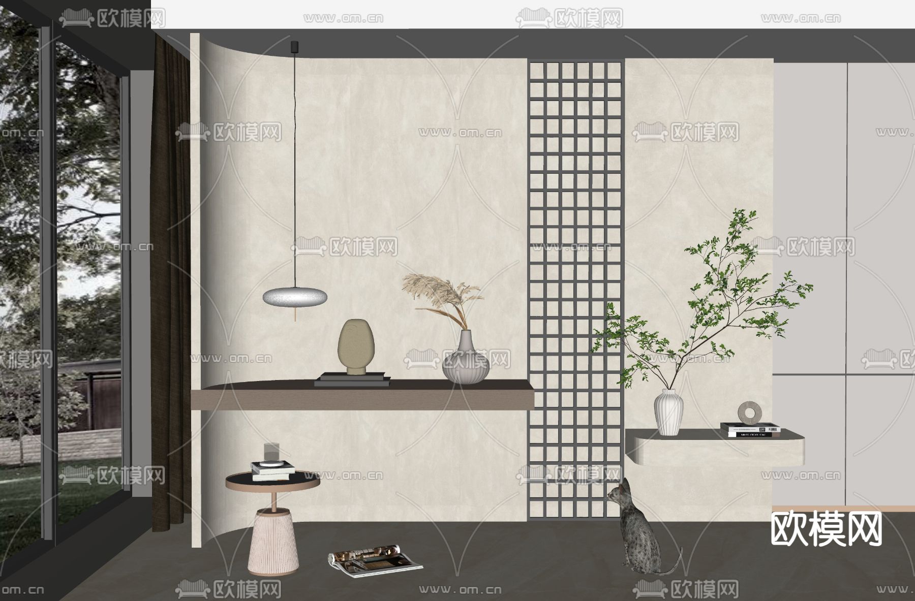 侘寂风玄关隔断墙su模型下载（渲染图2）