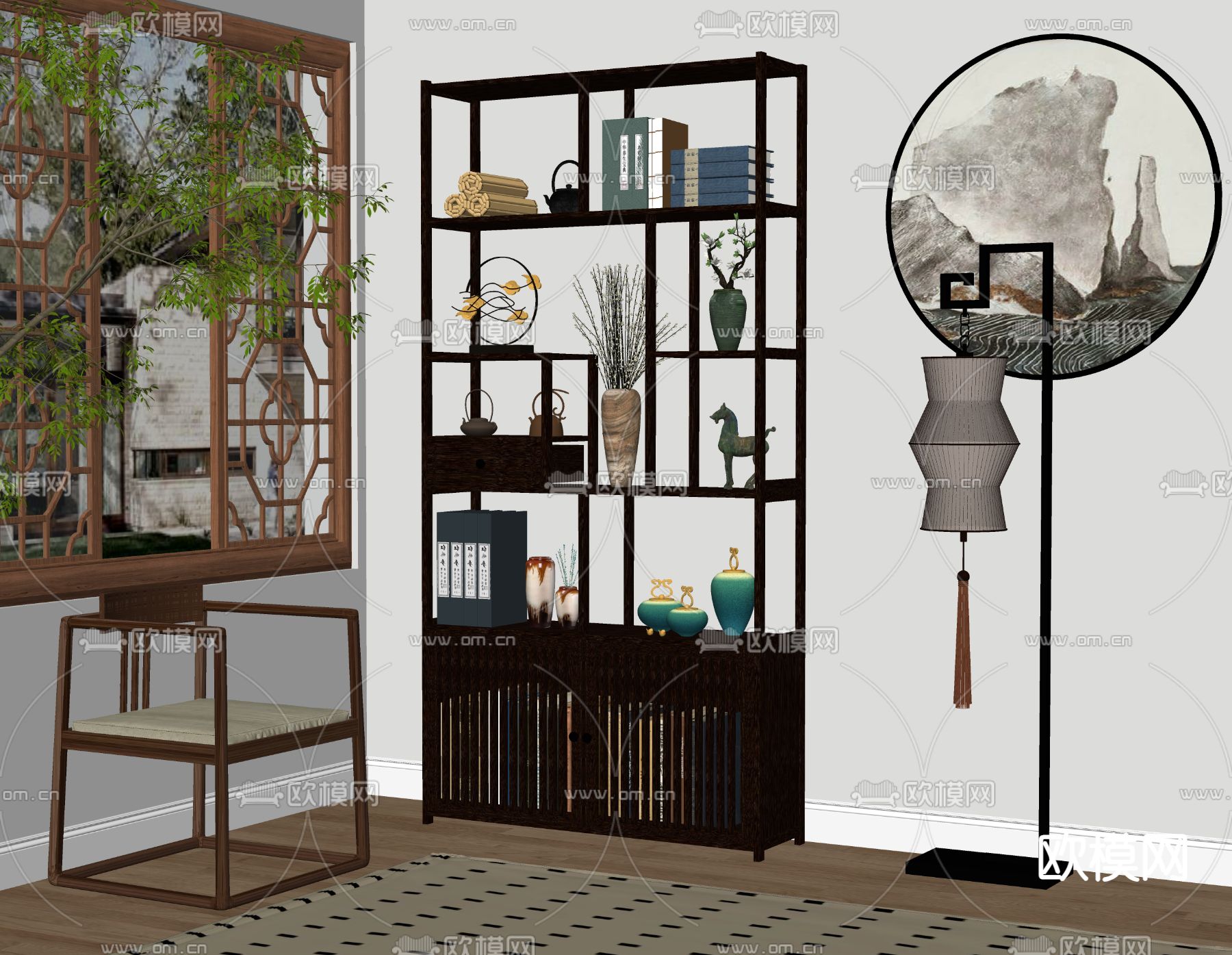中式博古架su模型下载（渲染图2）