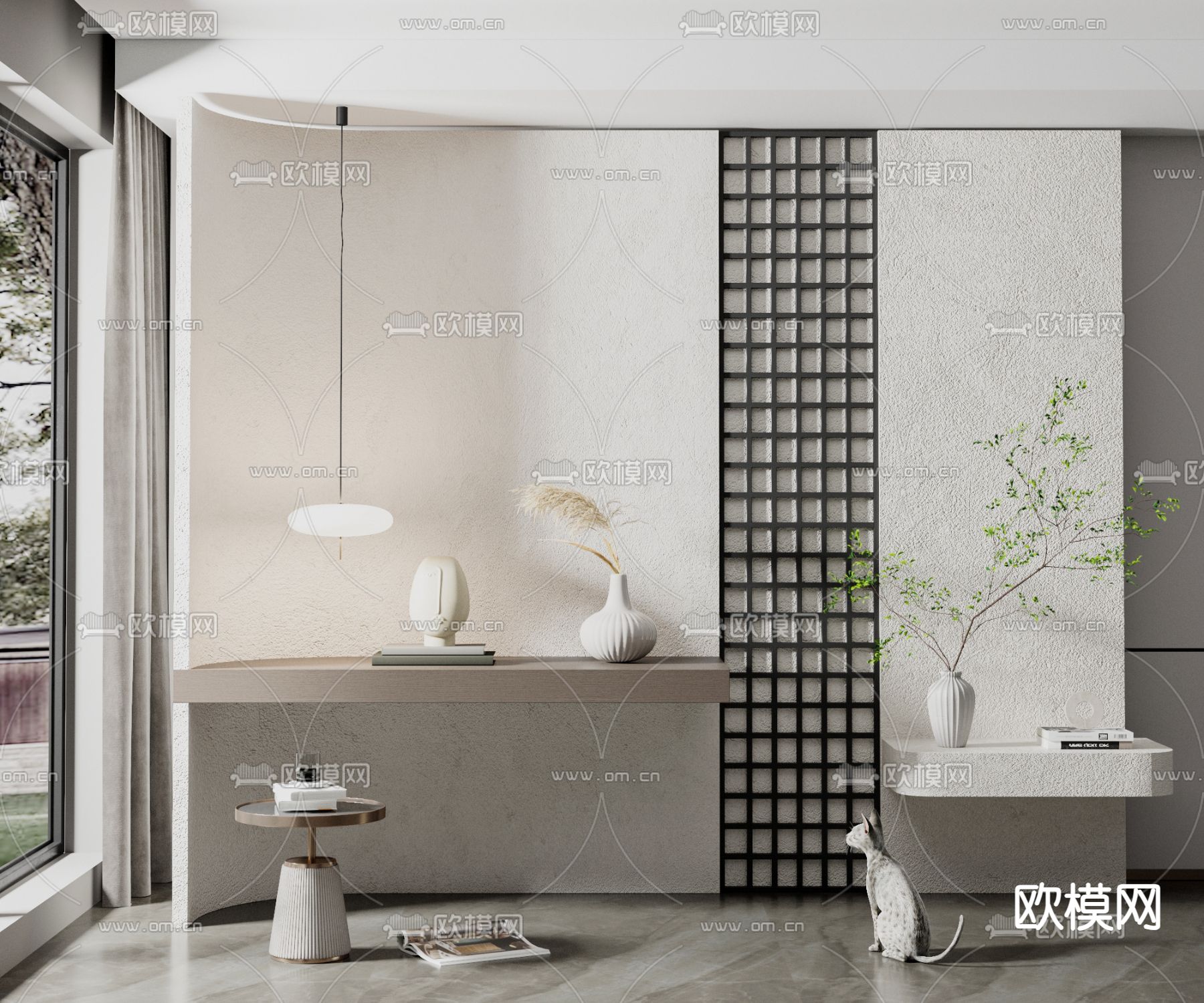 侘寂风玄关隔断墙su模型下载（渲染图1）