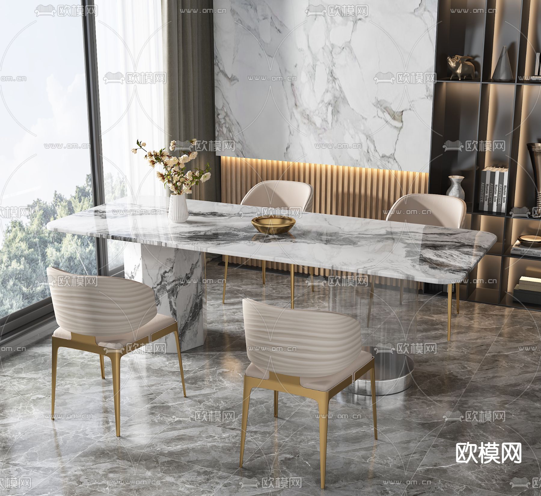 餐轻奢桌椅 条形餐桌3d模型下载