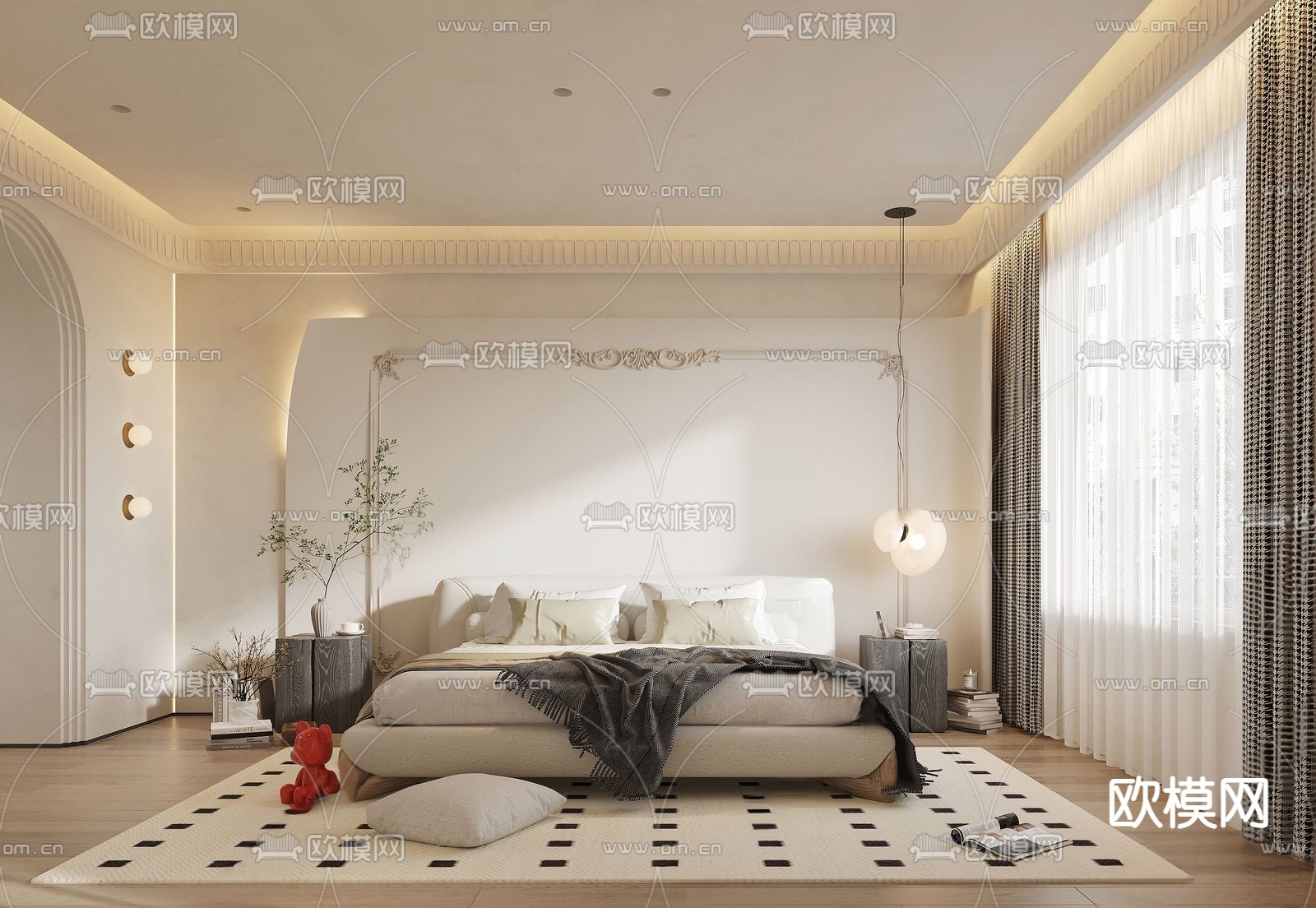 奶油风卧室 主人房su模型下载（渲染图1）