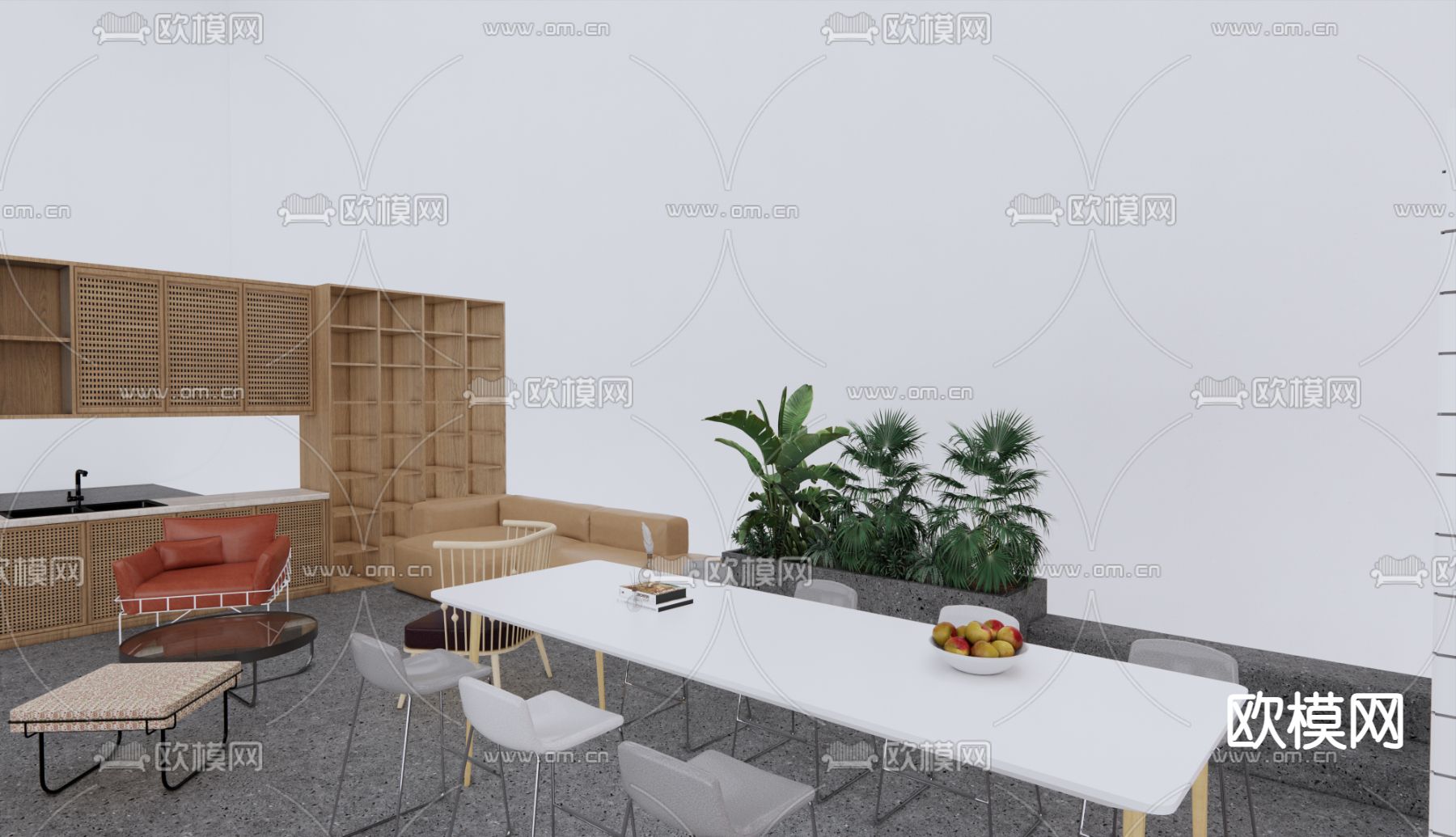 侘寂风橱柜 吧台桌椅su模型下载（渲染图3）