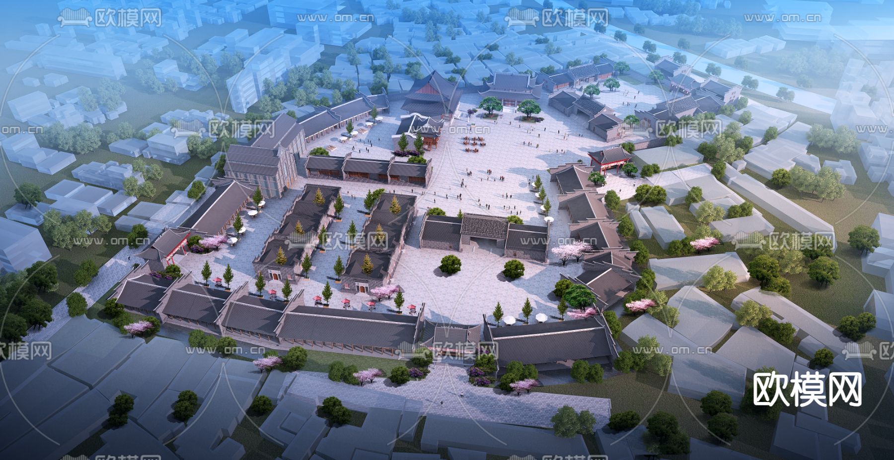 古建寺庙鸟瞰3d模型下载（渲染图1）