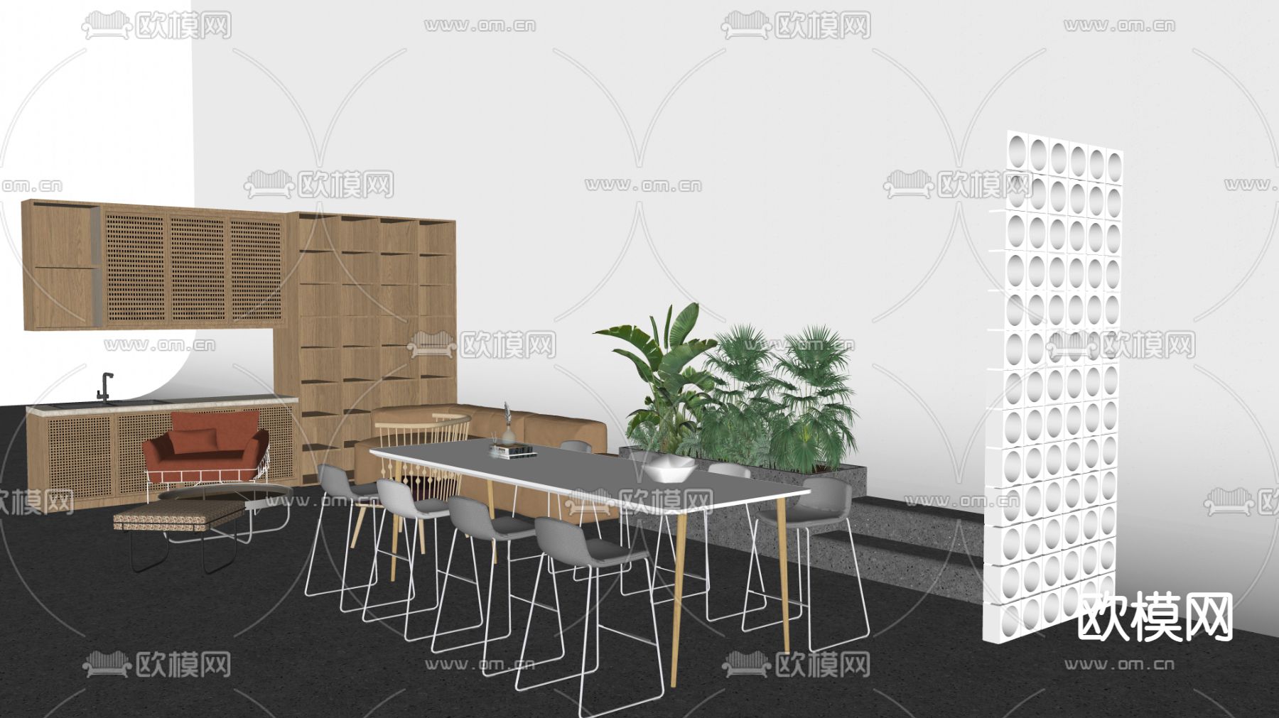 侘寂风橱柜 吧台桌椅su模型下载（渲染图2）