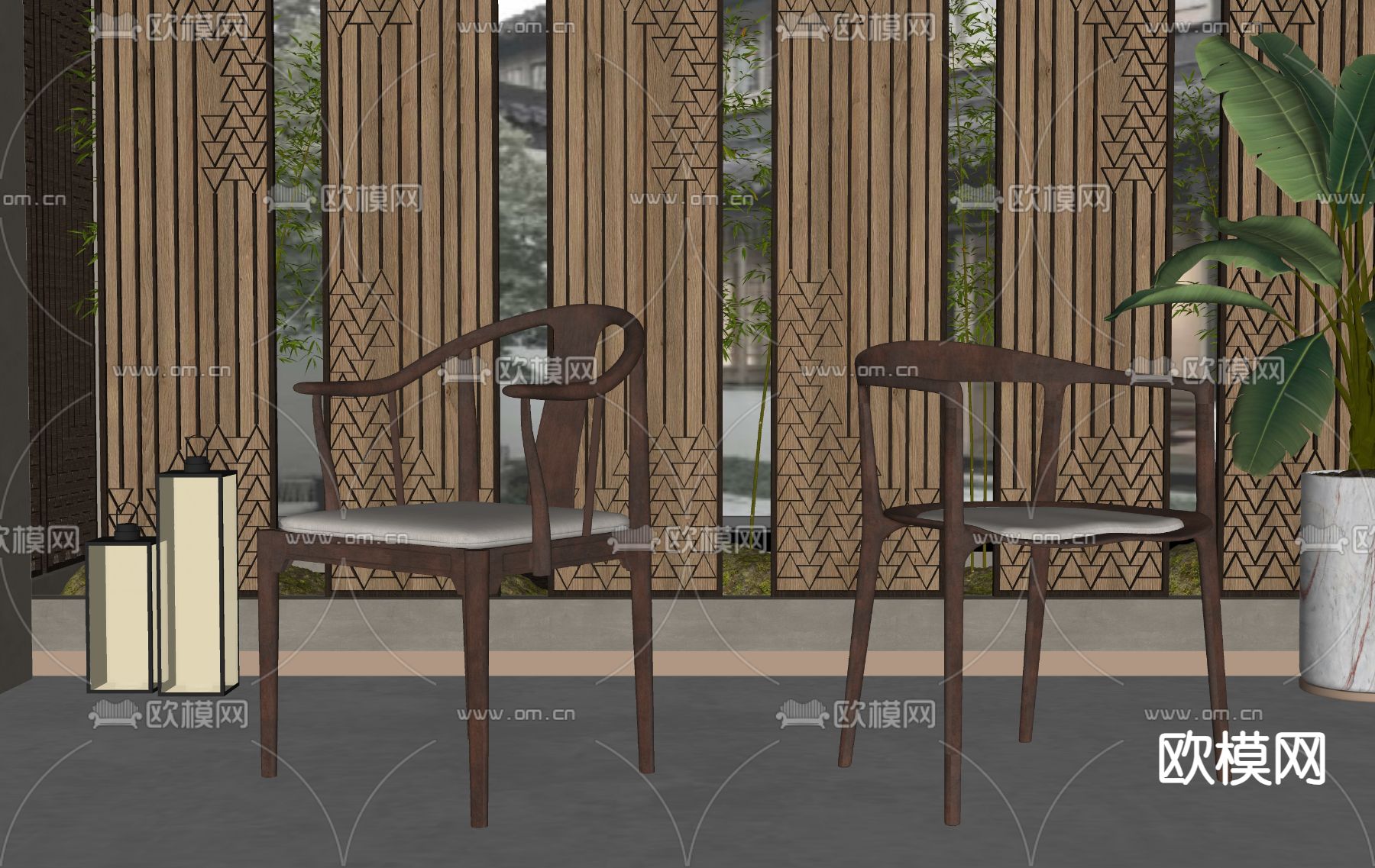 新中式单椅su模型下载（渲染图2）