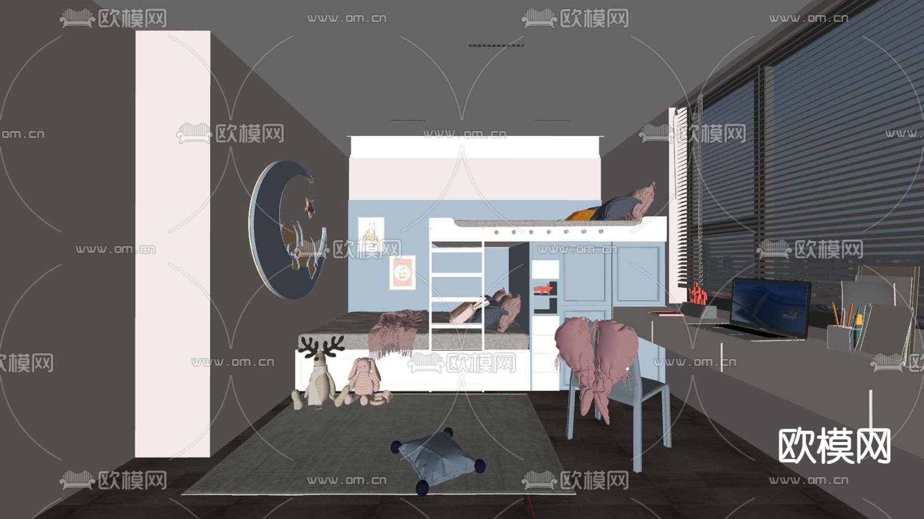 北欧儿童房 上下铺su模型下载（渲染图2）