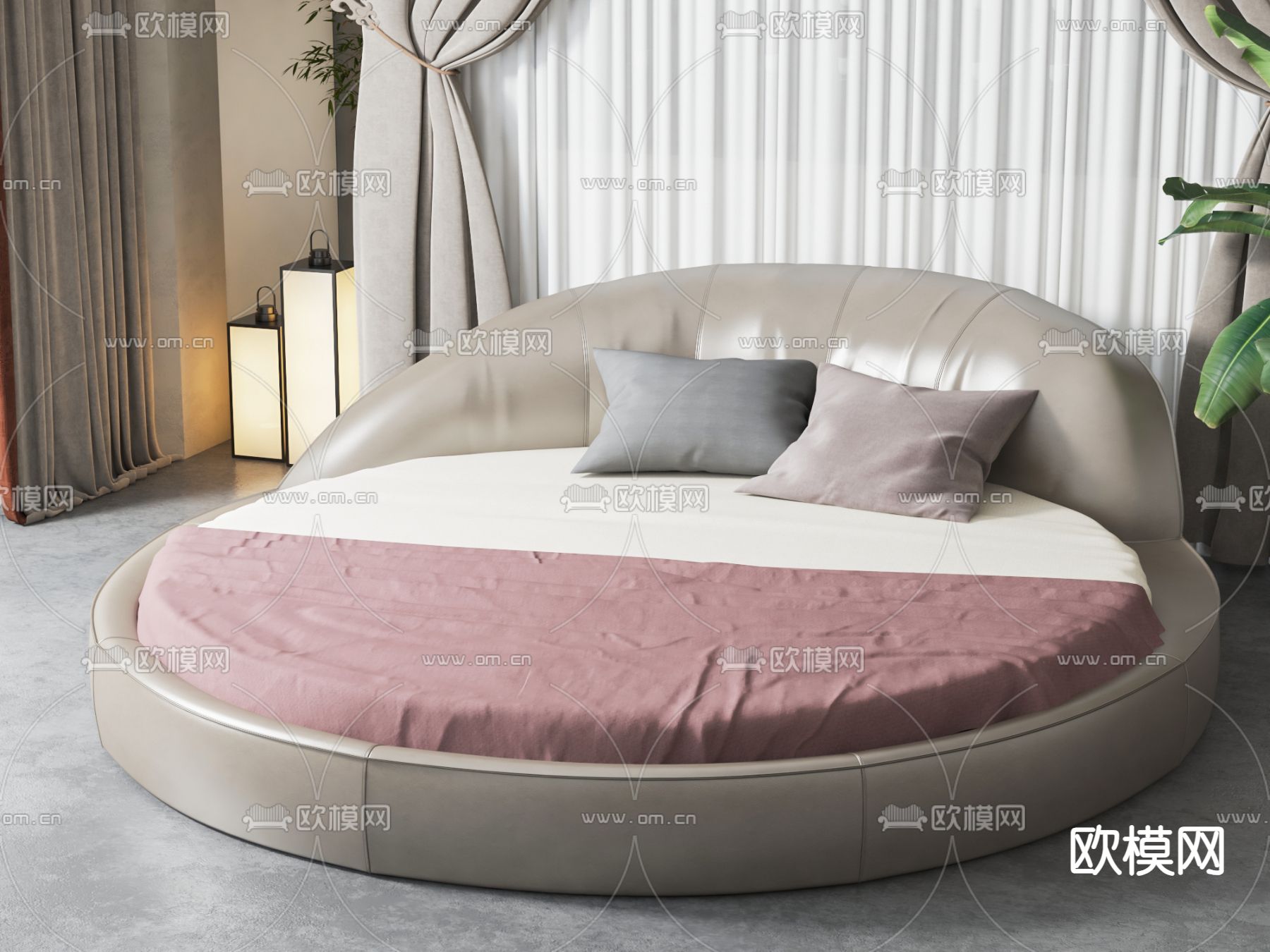 现代圆床su模型下载（渲染图1）