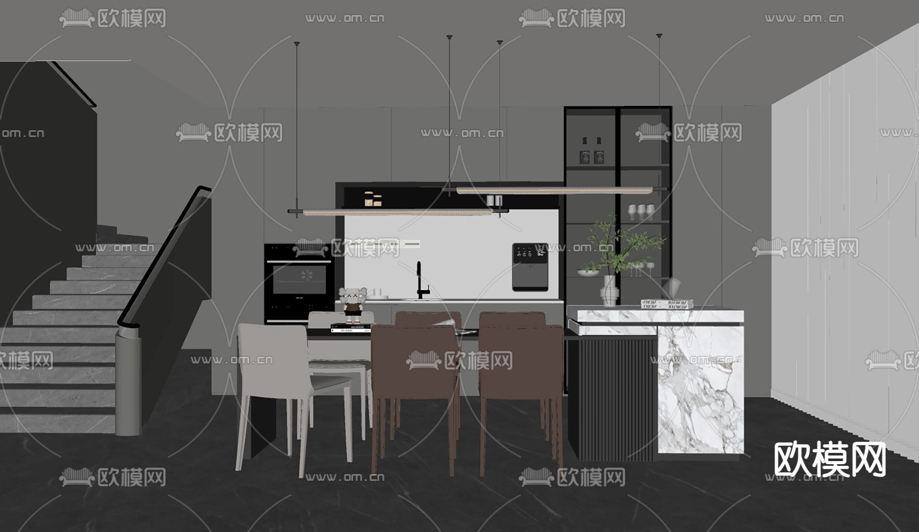 高级灰岛台餐厅su模型下载（渲染图2）
