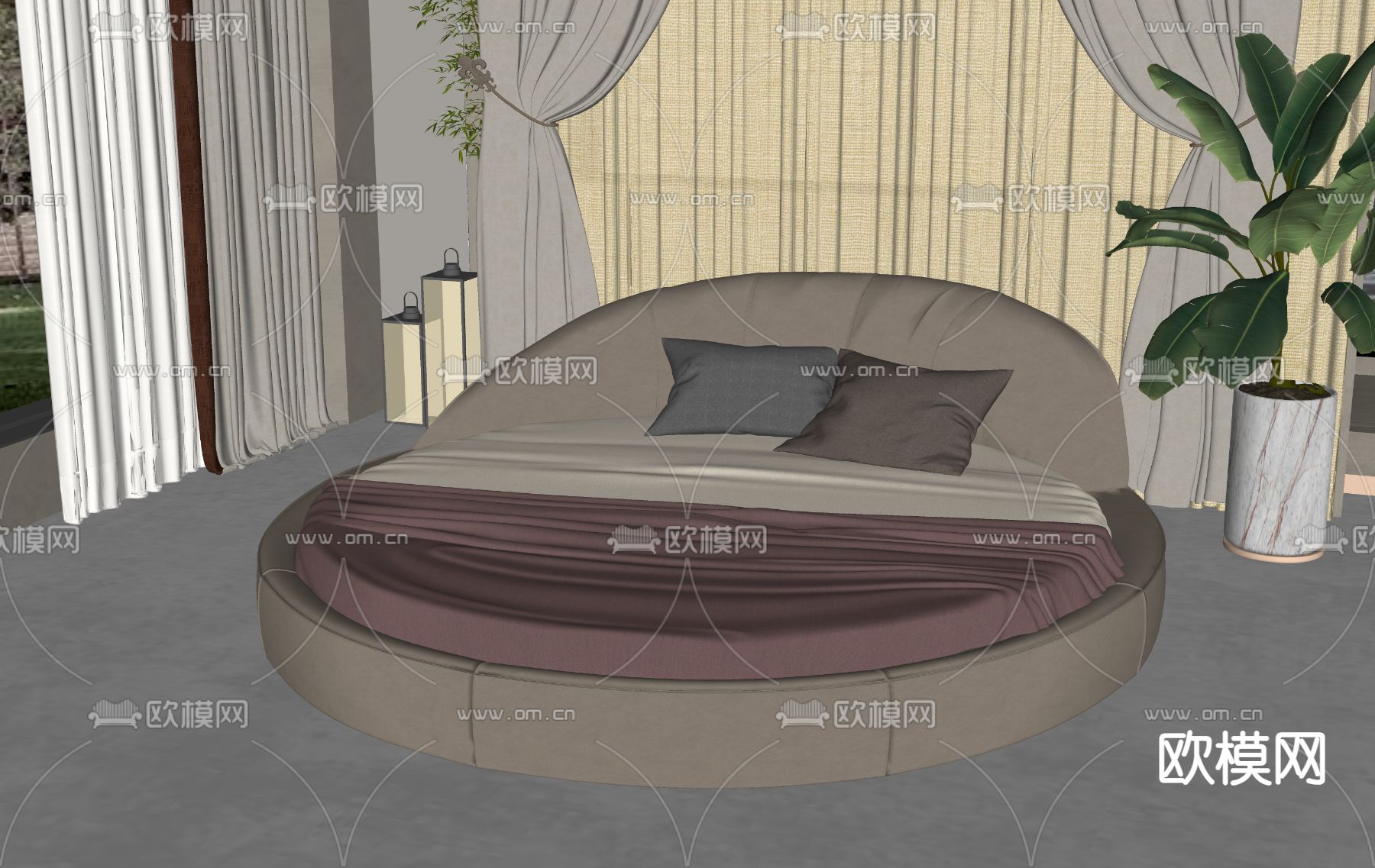 现代圆床su模型下载（渲染图2）