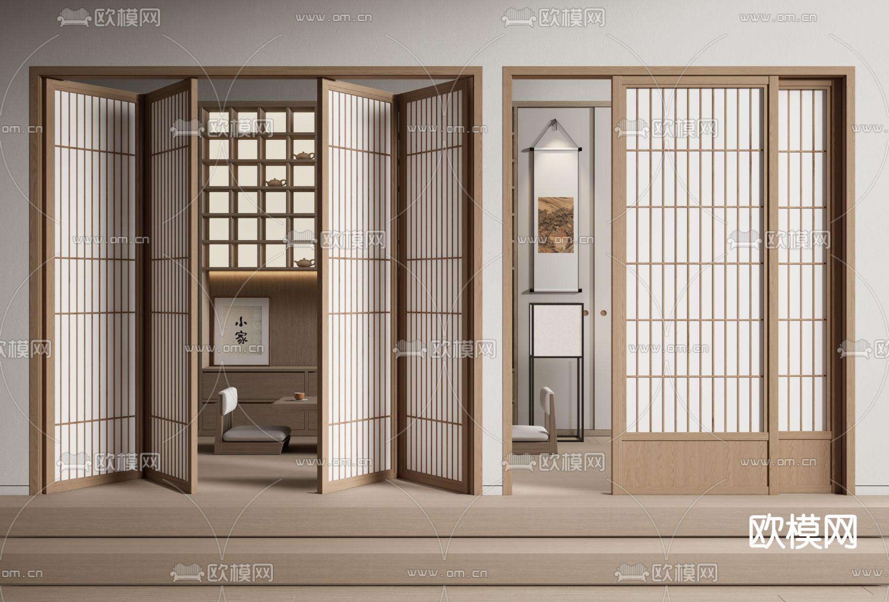 日式推拉门 折叠门 格栅门3d模型下载_ID14249052_3dmax免费模型-欧模网