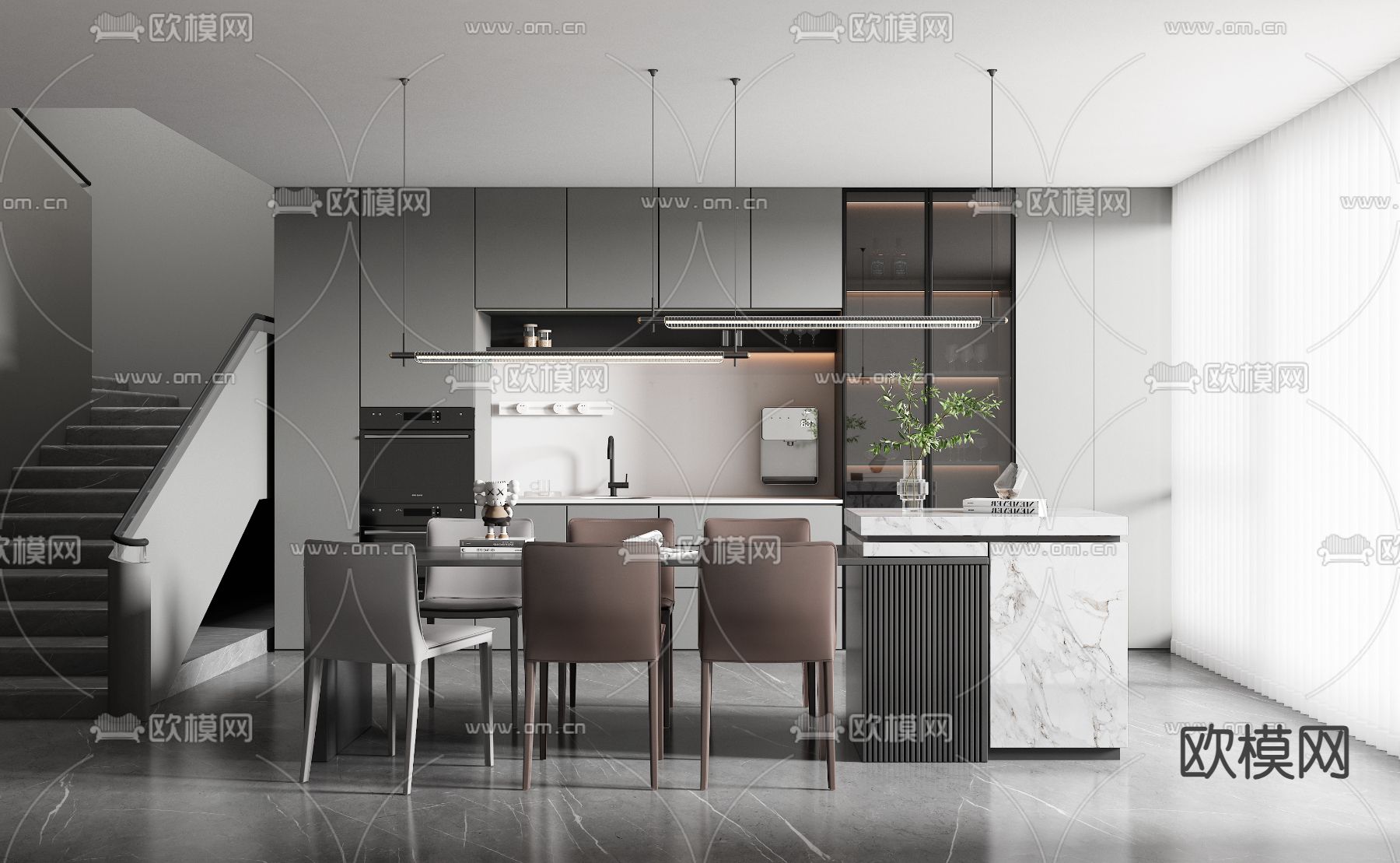 高级灰岛台餐厅su模型下载（渲染图1）