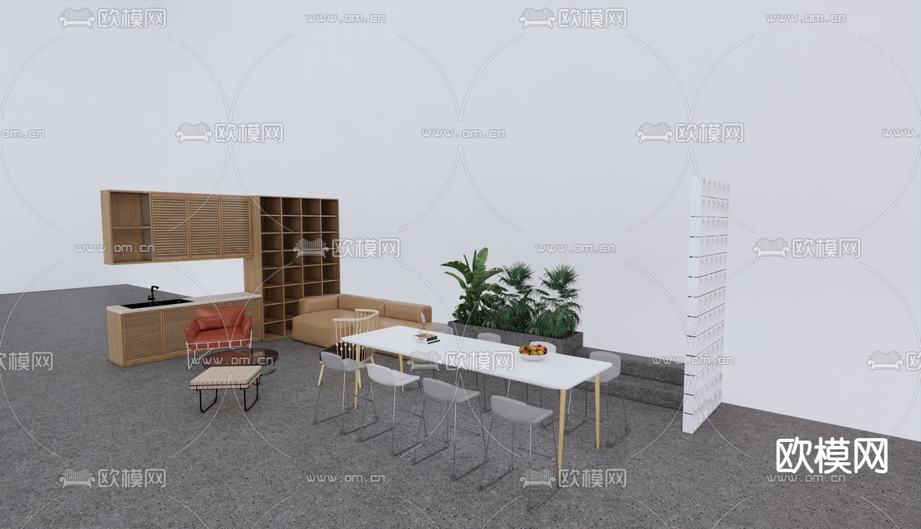 侘寂风橱柜 吧台桌椅su模型下载（渲染图1）