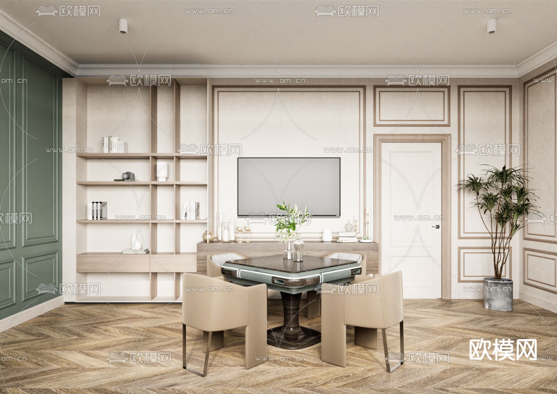 简欧棋牌室 麻将室su模型下载（渲染图1）