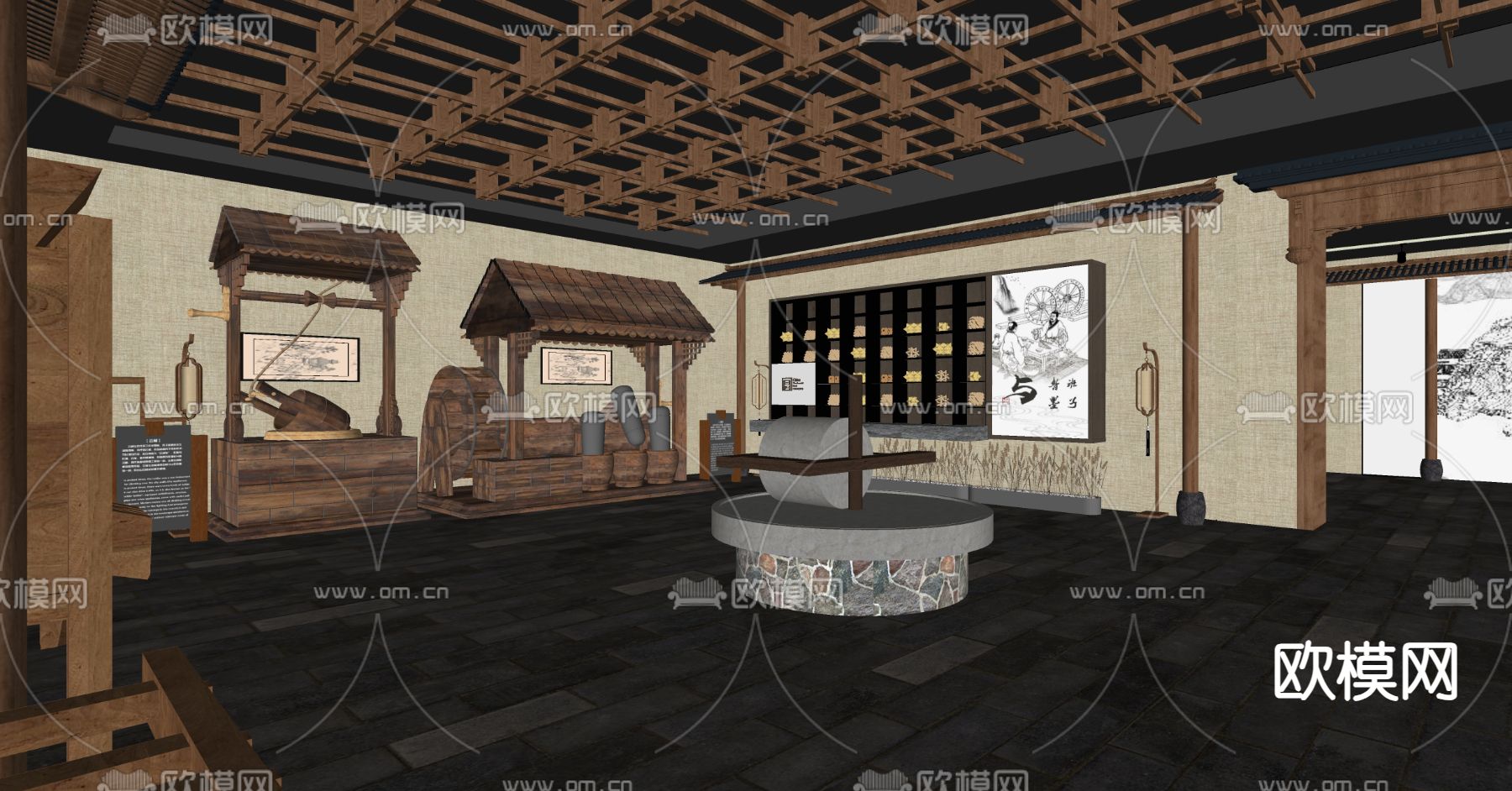 中式博物馆 历史展厅su模型下载（渲染图2）