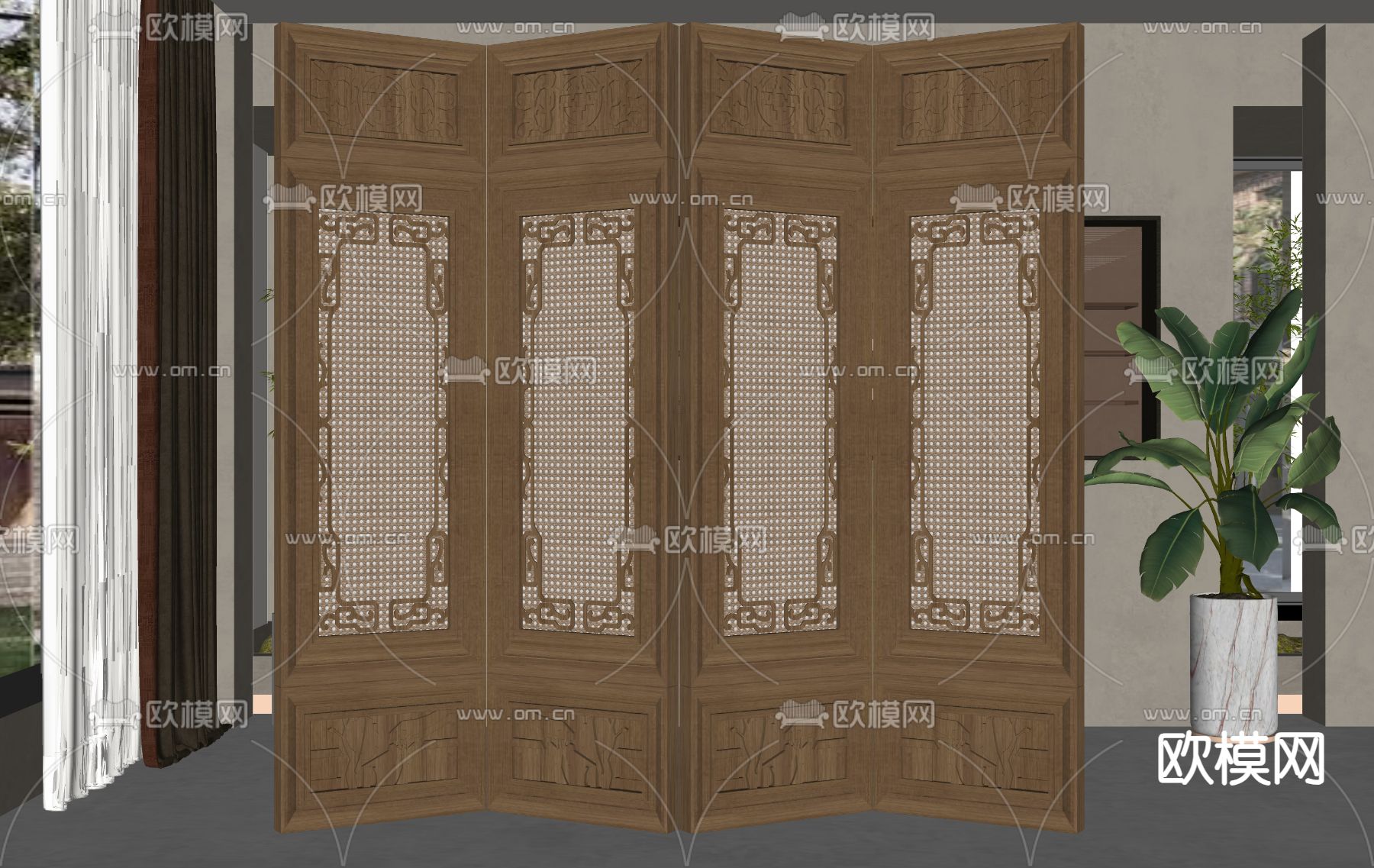 中式屏风隔断su模型下载（渲染图2）