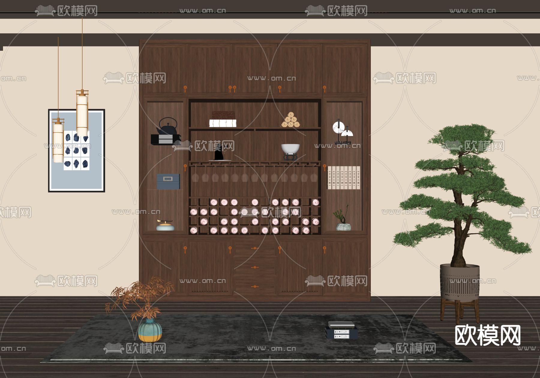 新中式酒柜su模型下载（渲染图2）