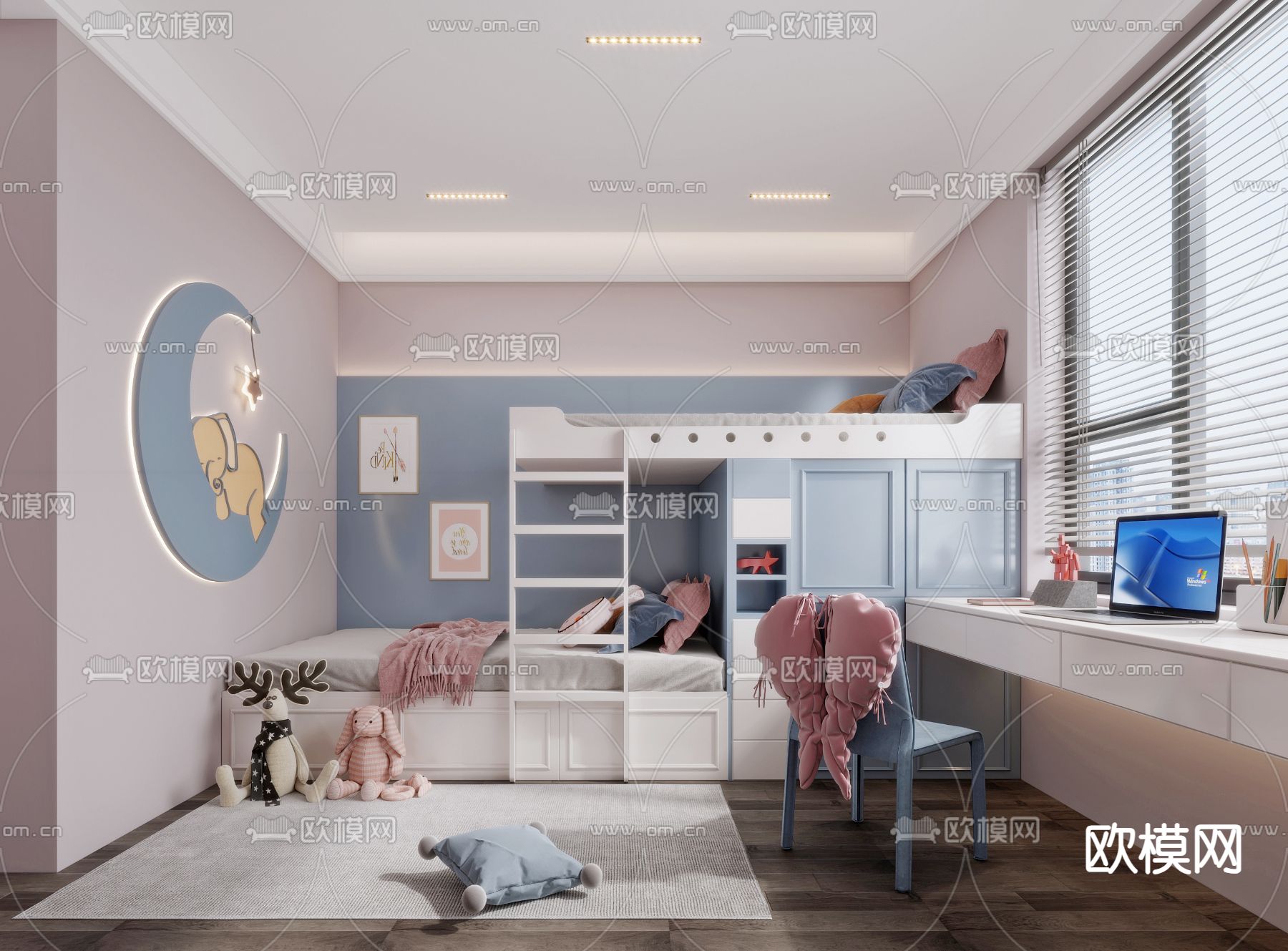 北欧儿童房 上下铺su模型下载（渲染图1）