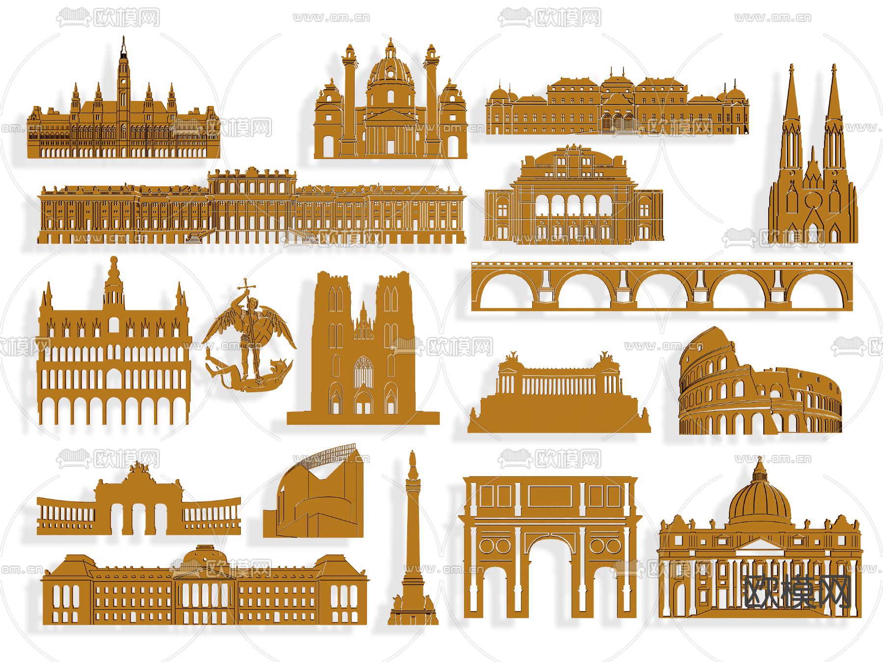 欧式城市剪影 墙饰图标su模型下载（渲染图1）