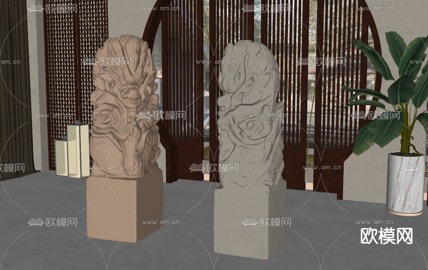 中式石雕摆件su模型下载（渲染图2）