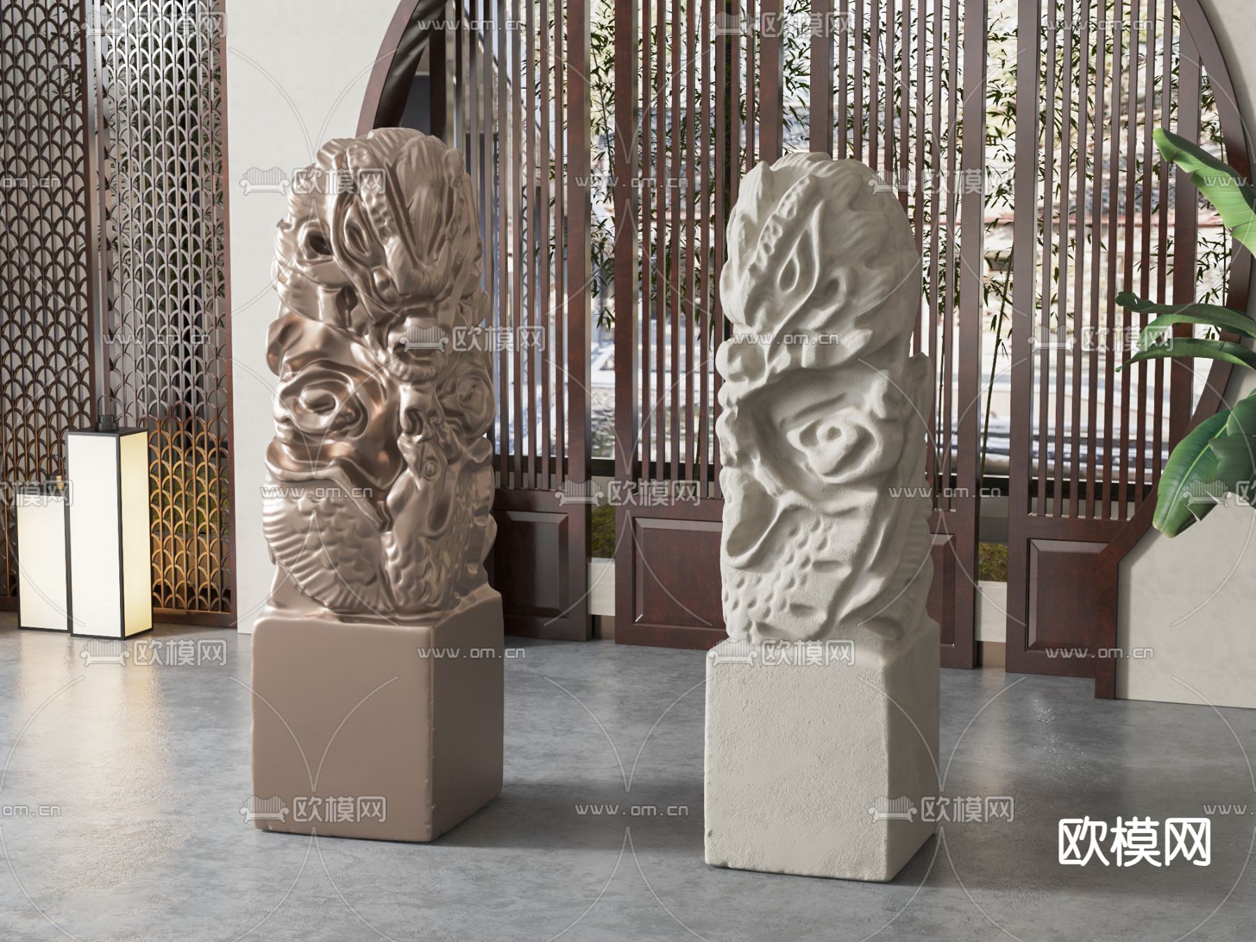 中式石雕摆件su模型下载（渲染图1）