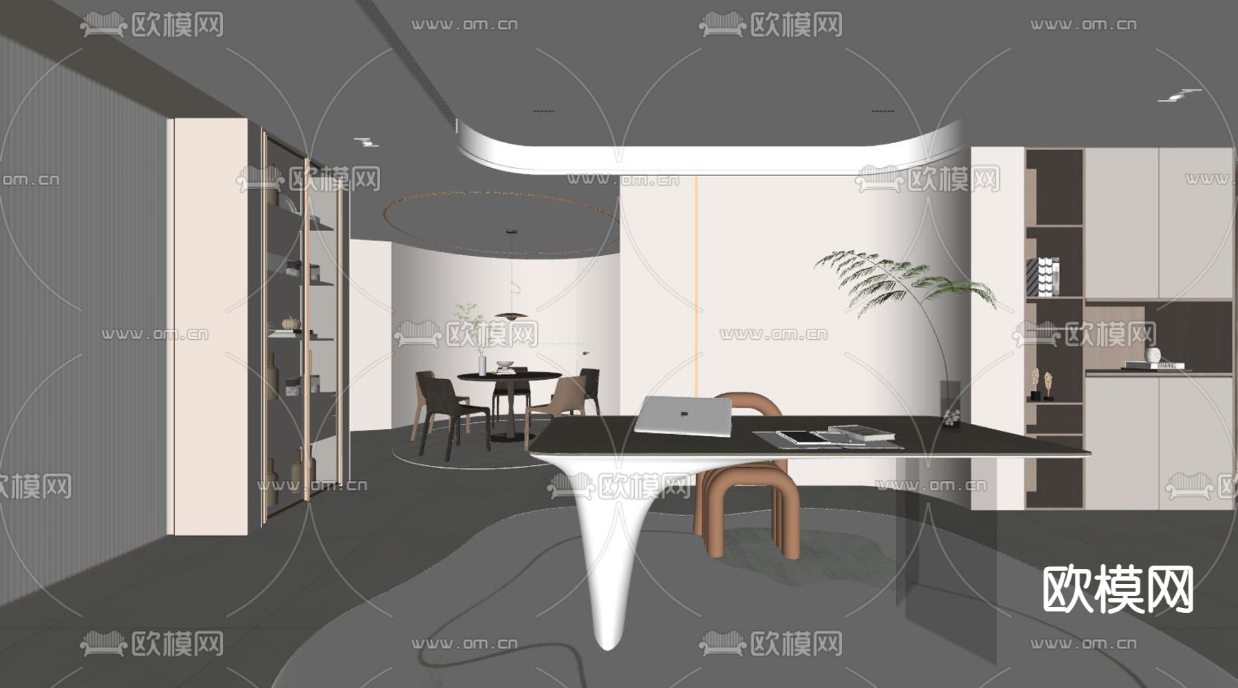 奶油风书房su模型下载（渲染图2）