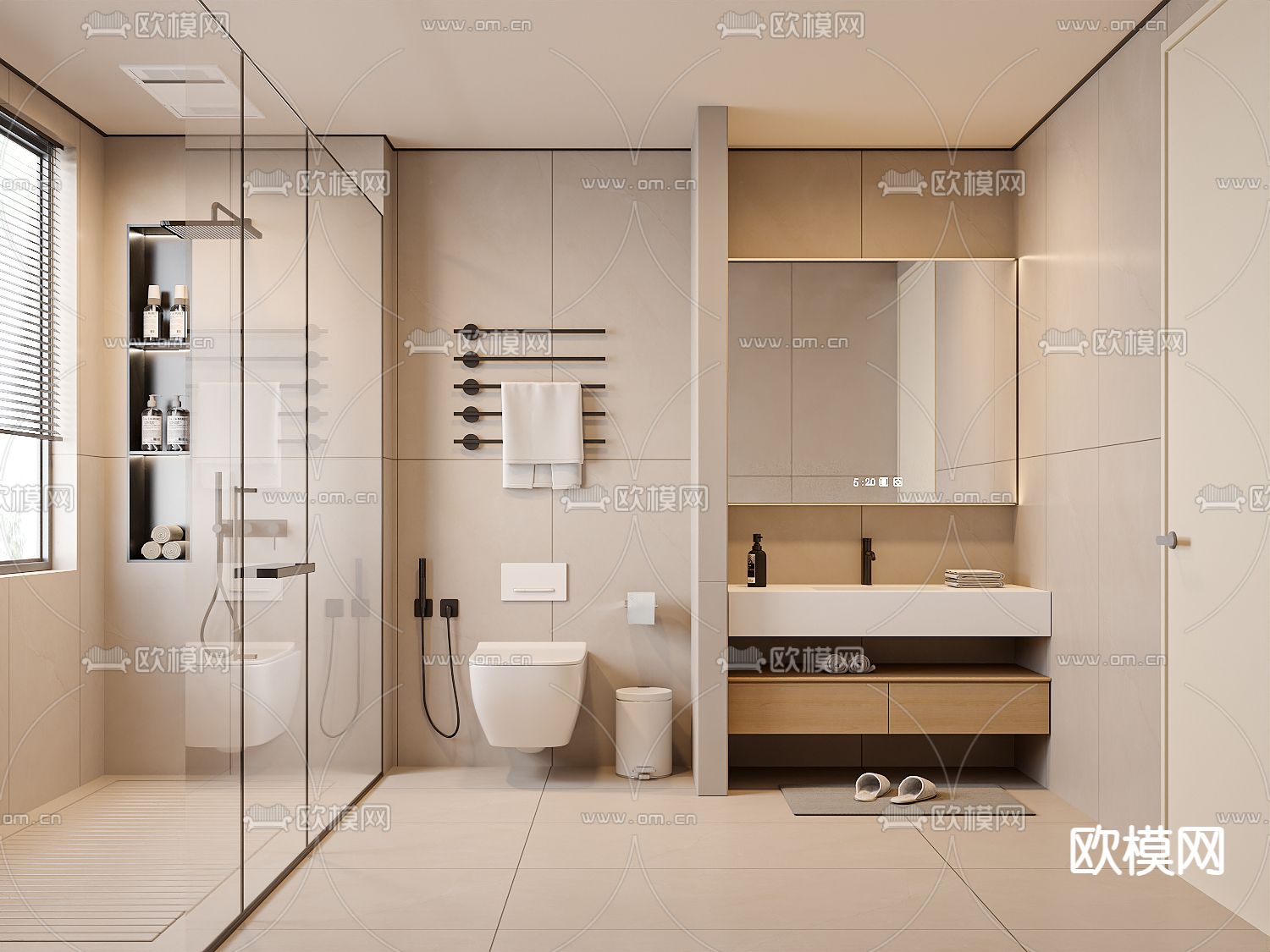 奶油风卫生间 浴室 洗手间3d模型下载（渲染图1）